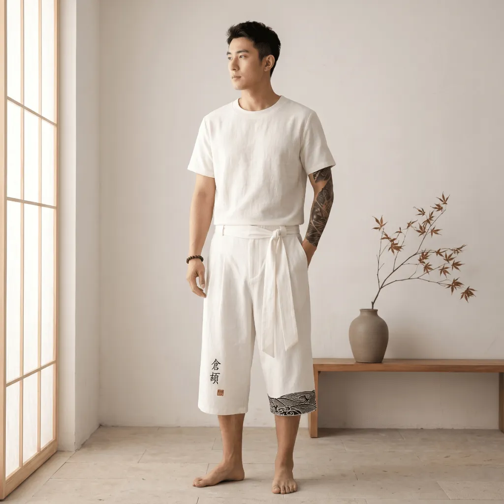 Men's Short Japanese Linen Pants with Calligraphy Print