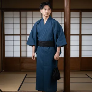 Men's Solid Blue Yukata with Black Obi — view 1
