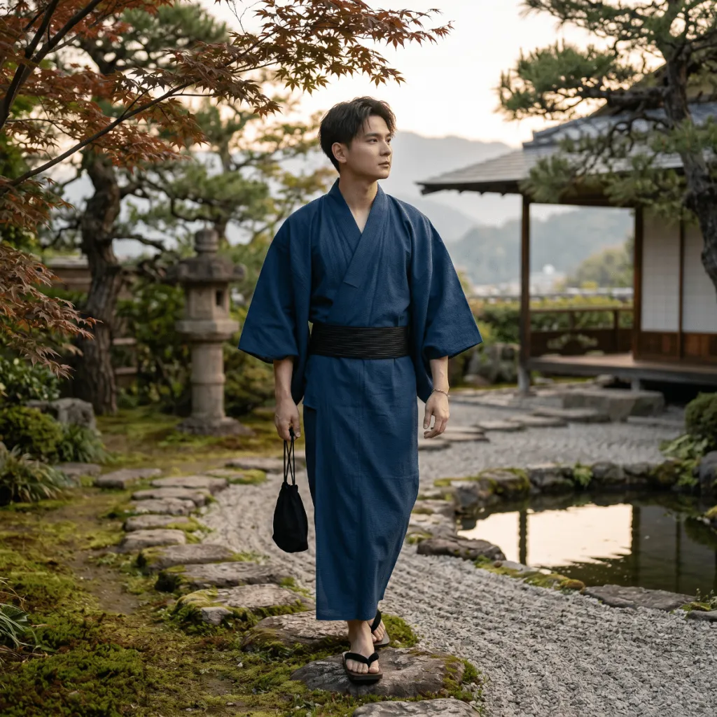 Men's Solid Blue Yukata with Black Obi — a piece designed for serenity