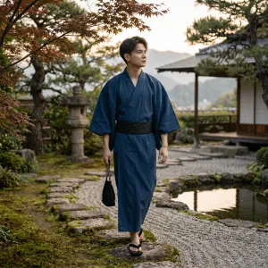 Men's Solid Blue Yukata with Black Obi — view 2