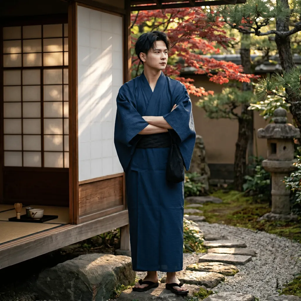 Men's Solid Blue Yukata with Black Obi — where minimalism meets durability