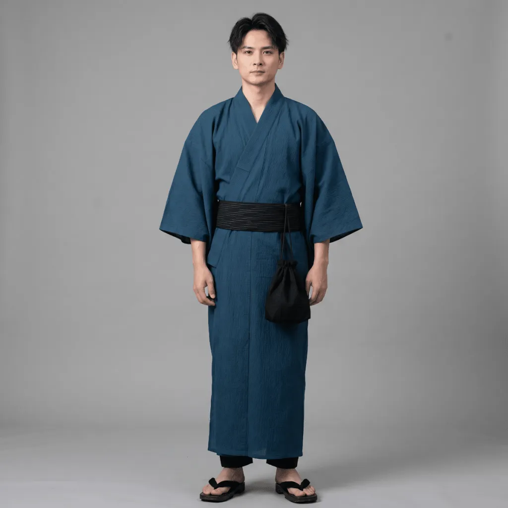 Men's Solid Blue Yukata with Black Obi — flexible, beautiful styling