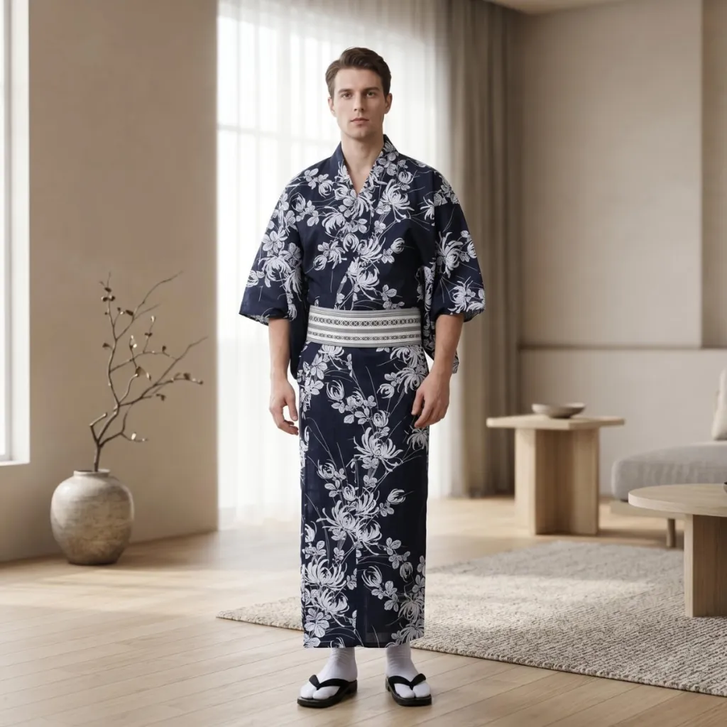 Men's Traditional Blue and White Floral Kimono