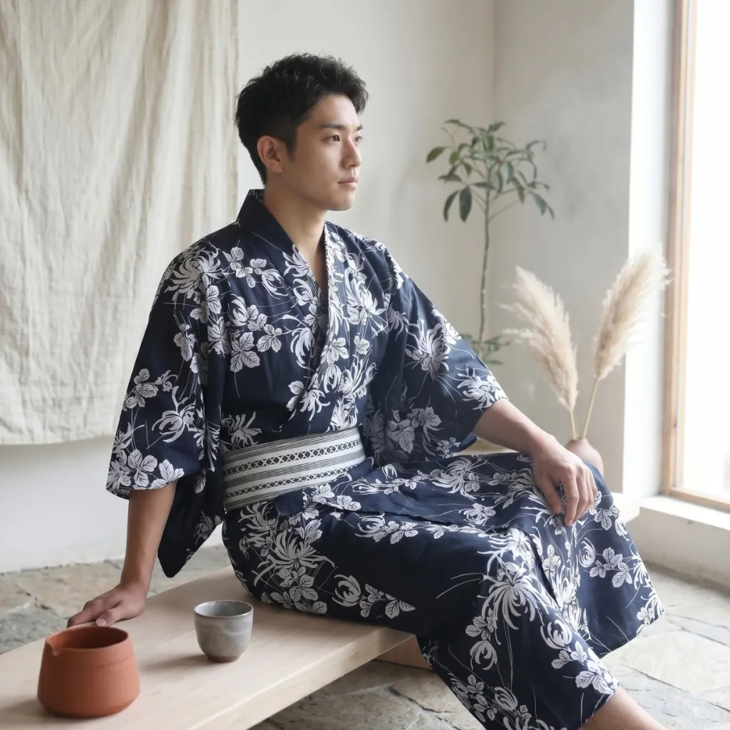Men's Traditional Blue and White Floral Kimono — flexible, beautiful styling