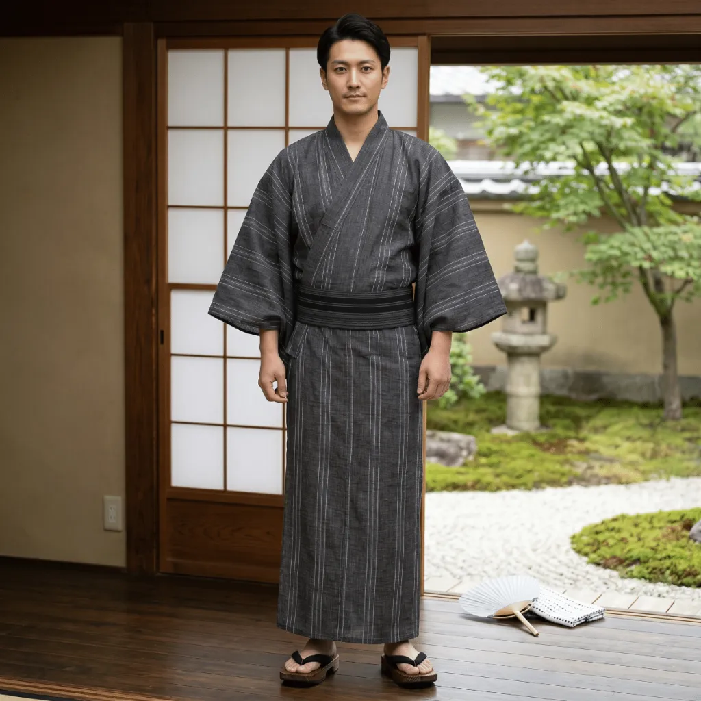 Men's Traditional Gray Fine-Stripe Yukata