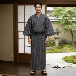 Men's Traditional Gray Fine-Stripe Yukata — view 1