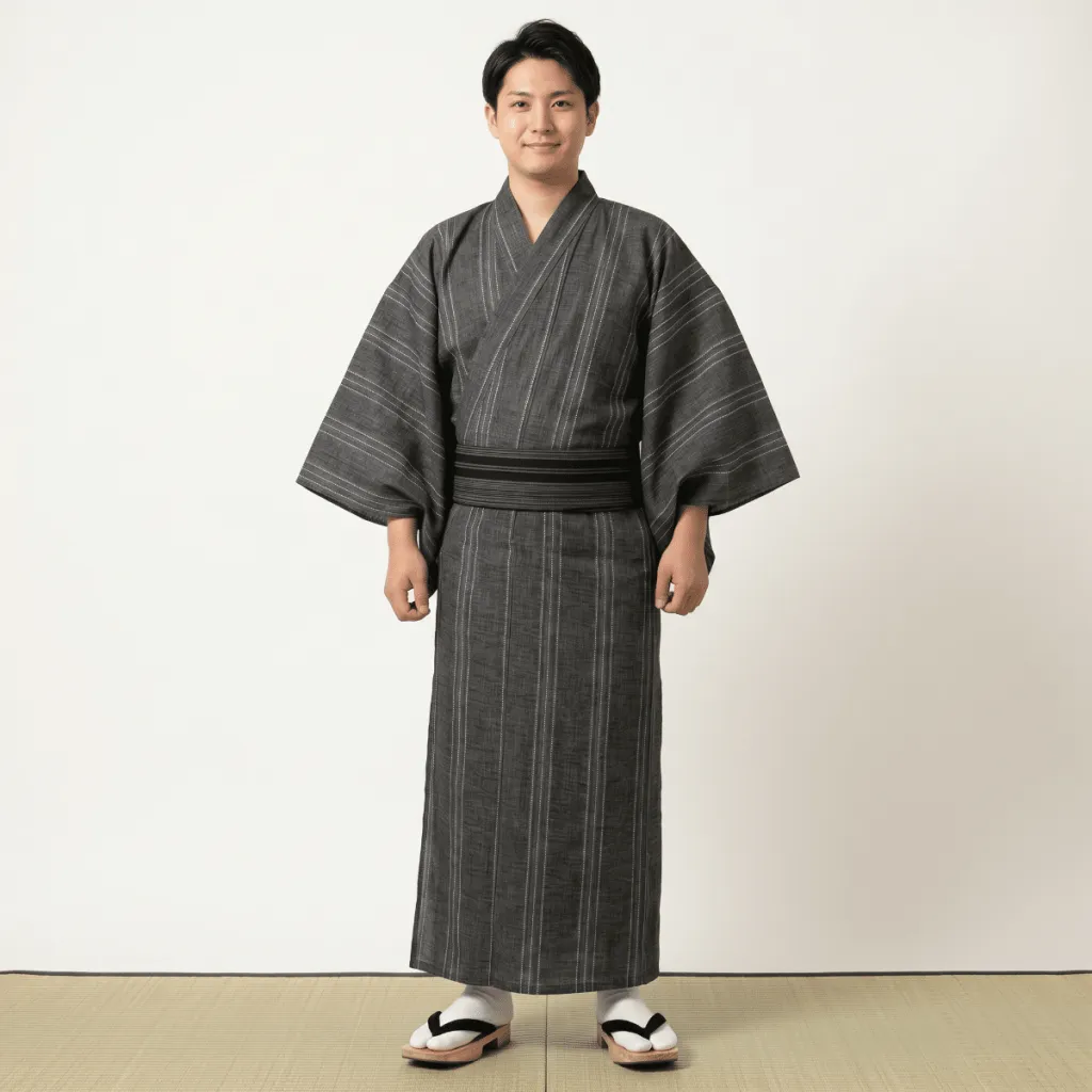 Men's Traditional Gray Fine-Stripe Yukata — a piece designed for serenity