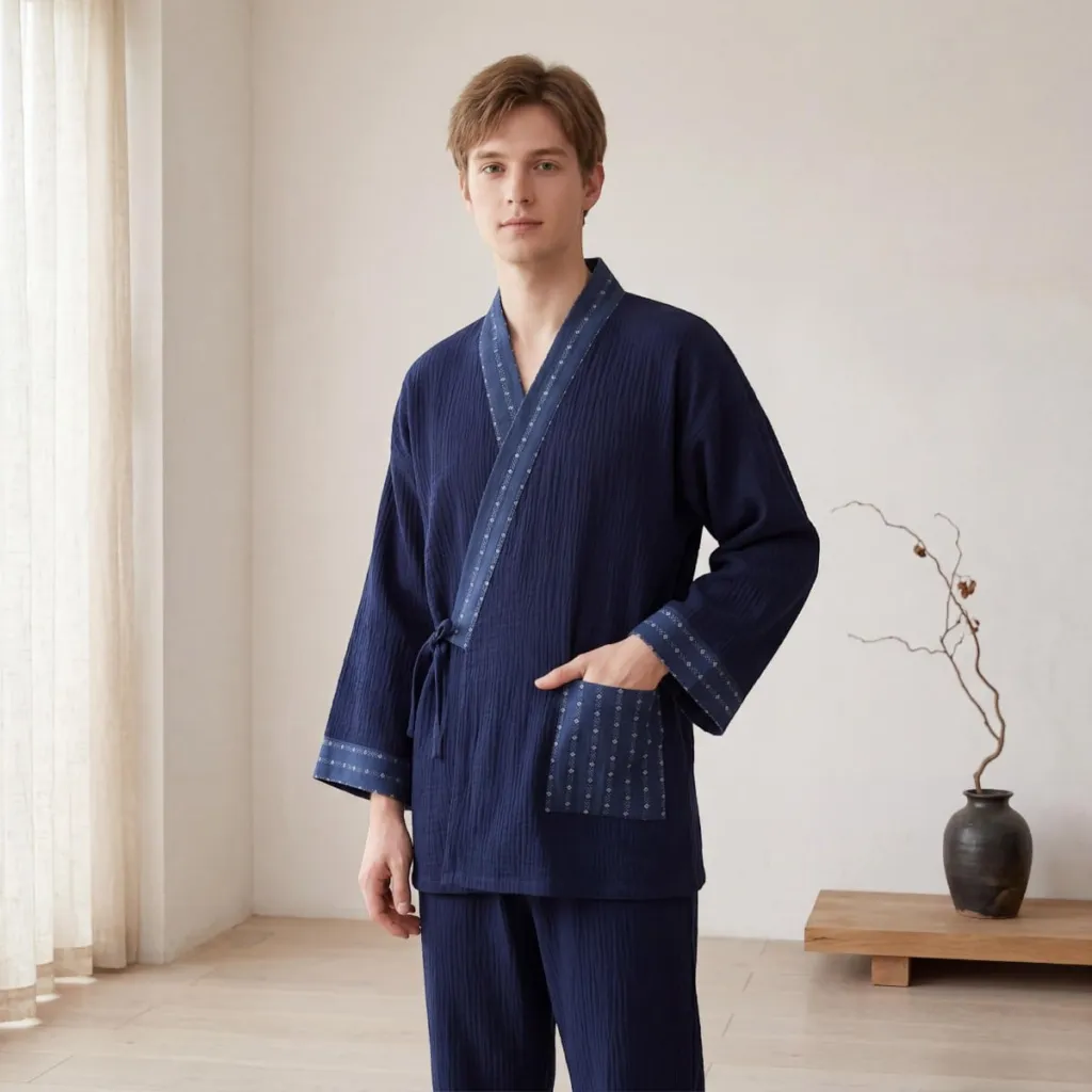 Navy Jinbei Set with Jacquard Trim