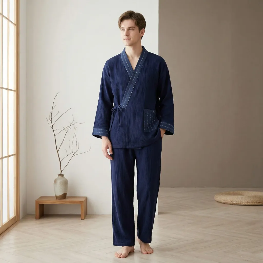 Navy Jinbei Set with Jacquard Trim — a piece designed for serenity