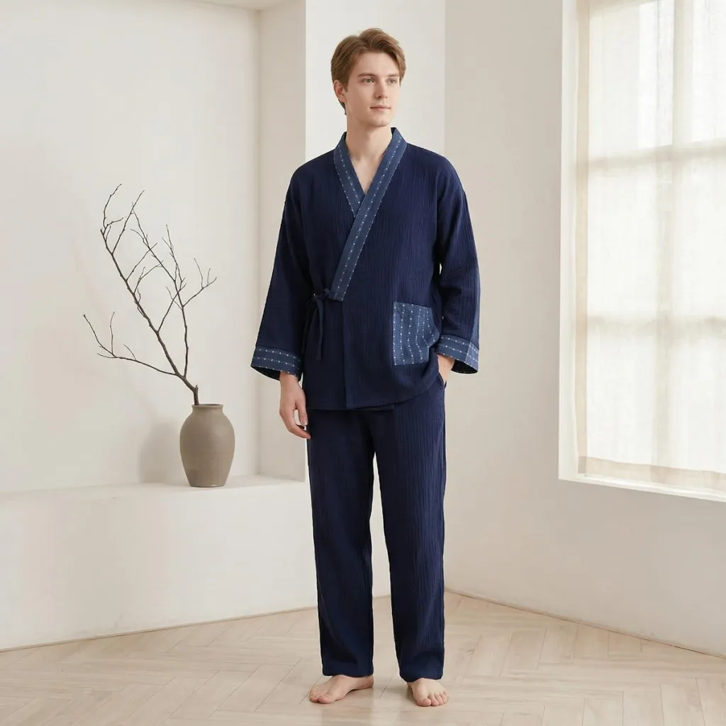 Navy Jinbei Set with Jacquard Trim — where minimalism meets durability