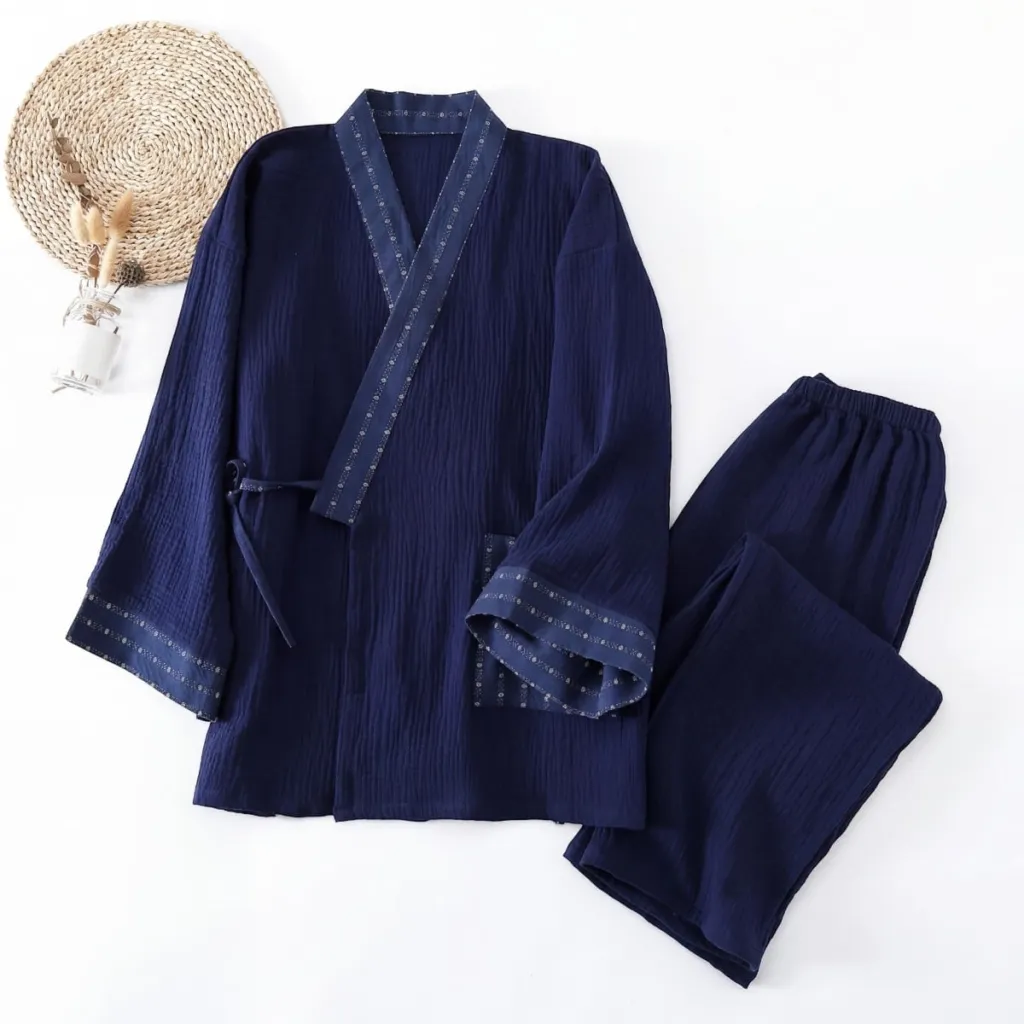 Navy Jinbei Set with Jacquard Trim — flexible, beautiful styling