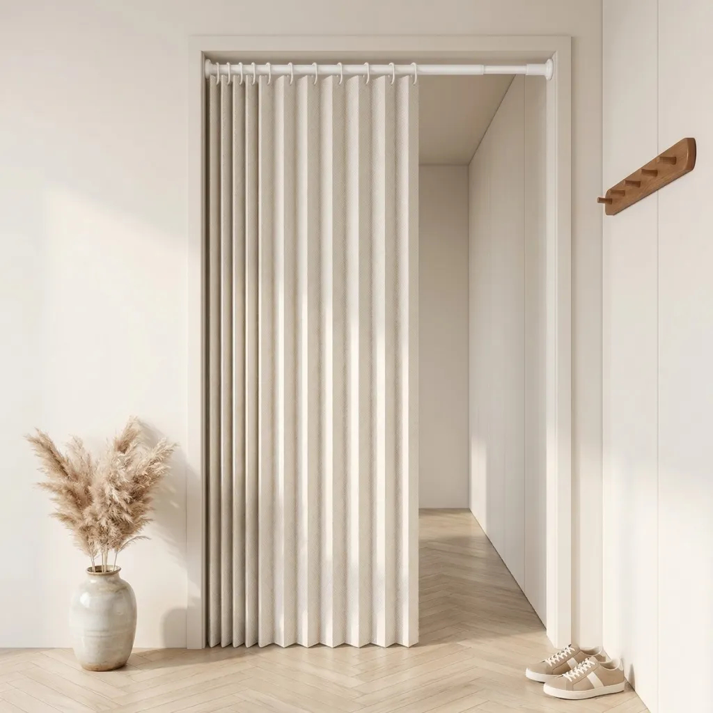 Pleated Japanese Door Curtain, Clean Japandi Style — flexible, beautiful styling