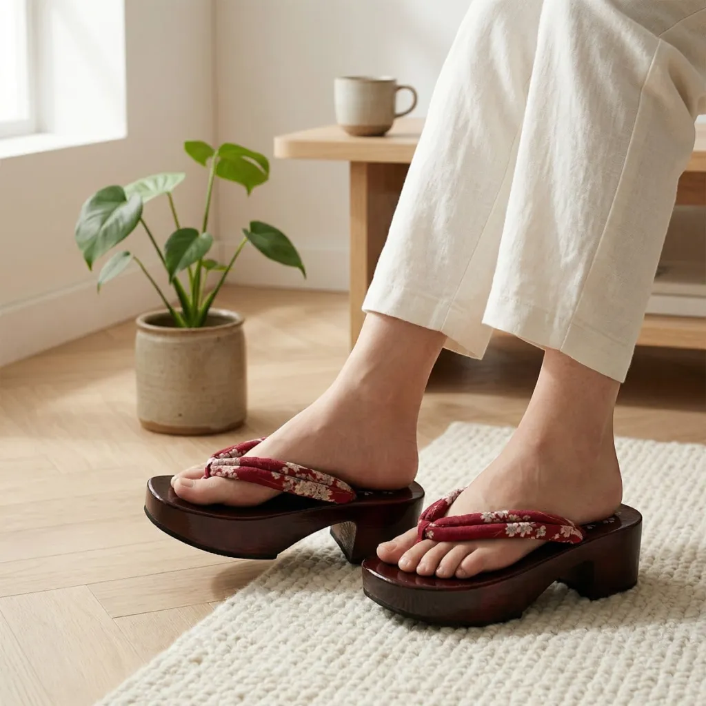 Red Lacquered Platform Geta Sandals with Sakura Print