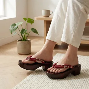 Red Lacquered Platform Geta Sandals with Sakura Print — view 1
