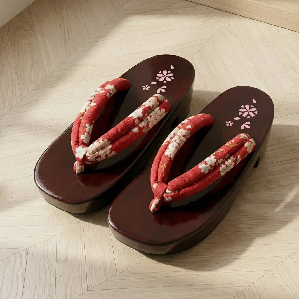 Red Lacquered Platform Geta Sandals with Sakura Print — a piece designed for serenity