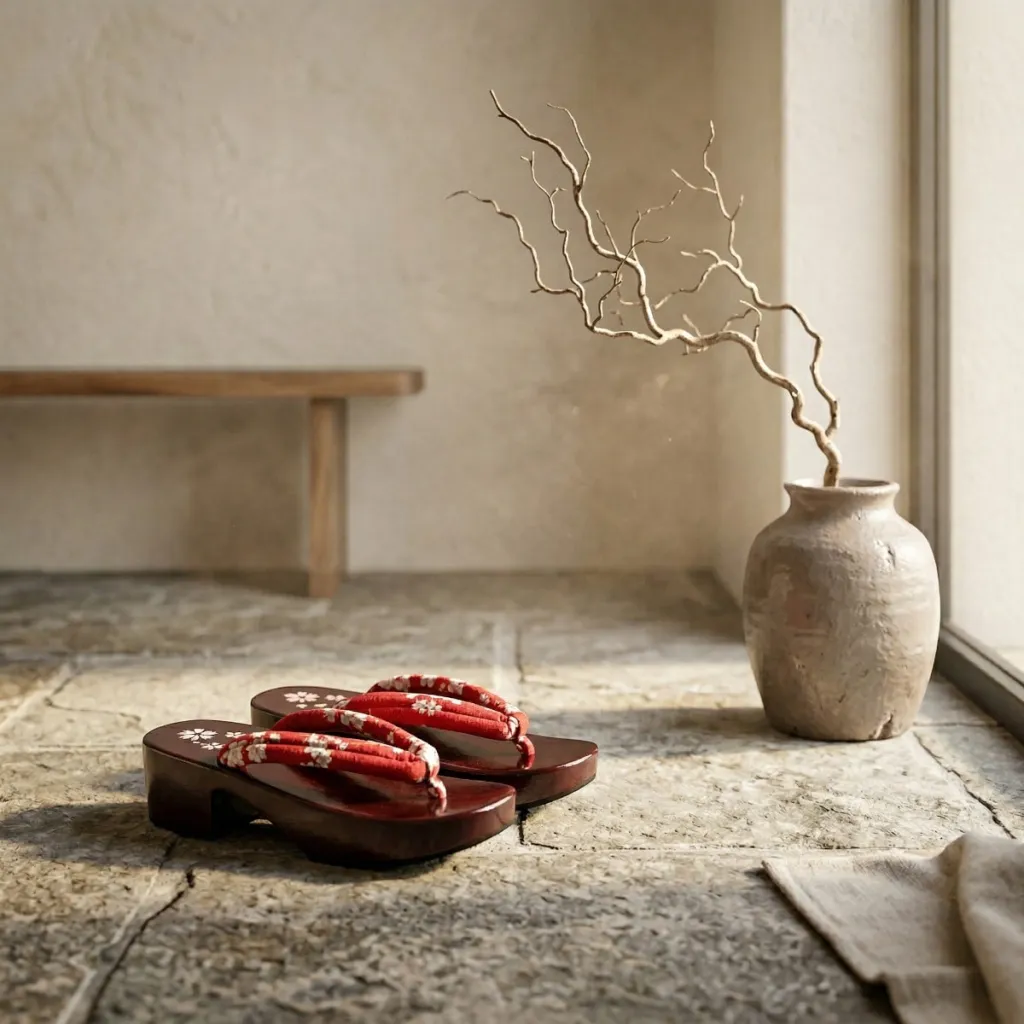 Red Lacquered Platform Geta Sandals with Sakura Print — where minimalism meets durability