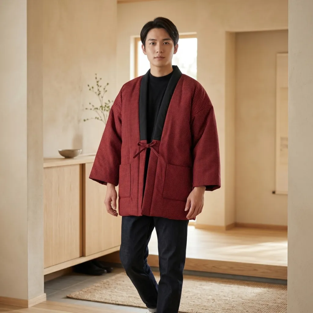 Red Men's Hanten Jacket with Small Check Pattern