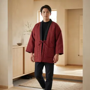 Red Men's Hanten Jacket with Small Check Pattern — view 1