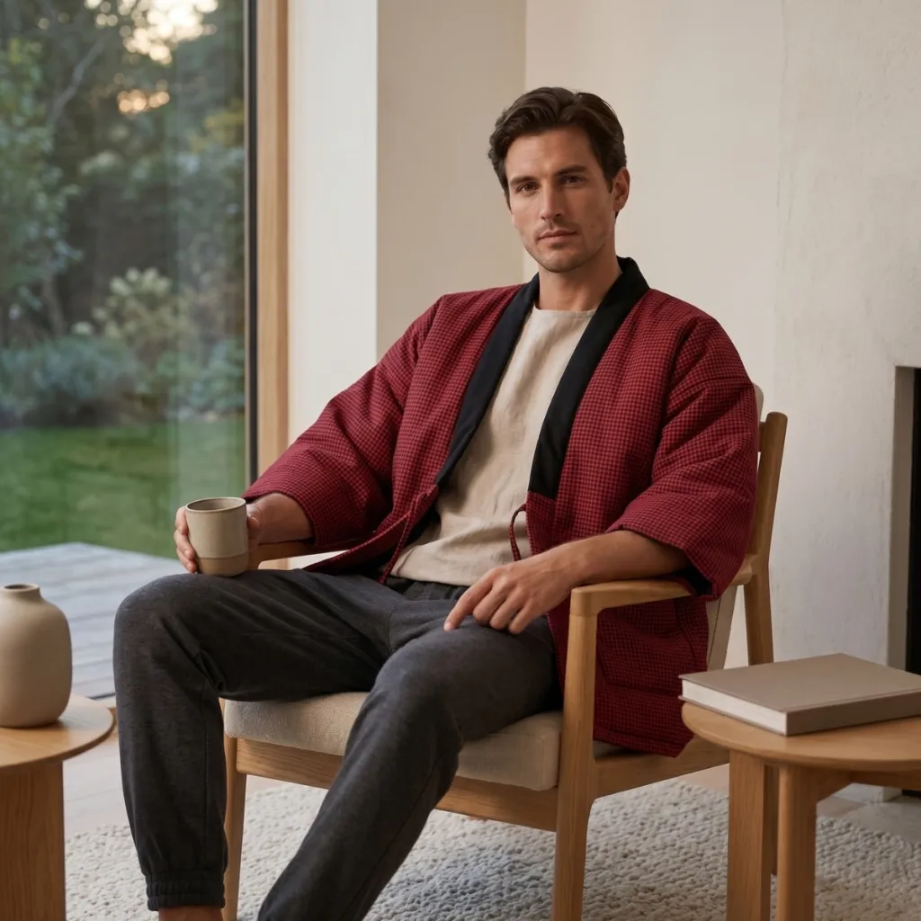 Red Men's Hanten Jacket with Small Check Pattern — a piece designed for serenity