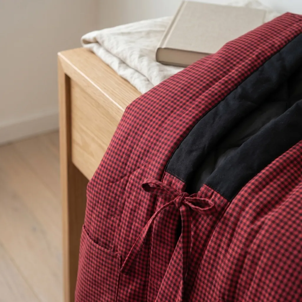 Red Men's Hanten Jacket with Small Check Pattern — where minimalism meets durability