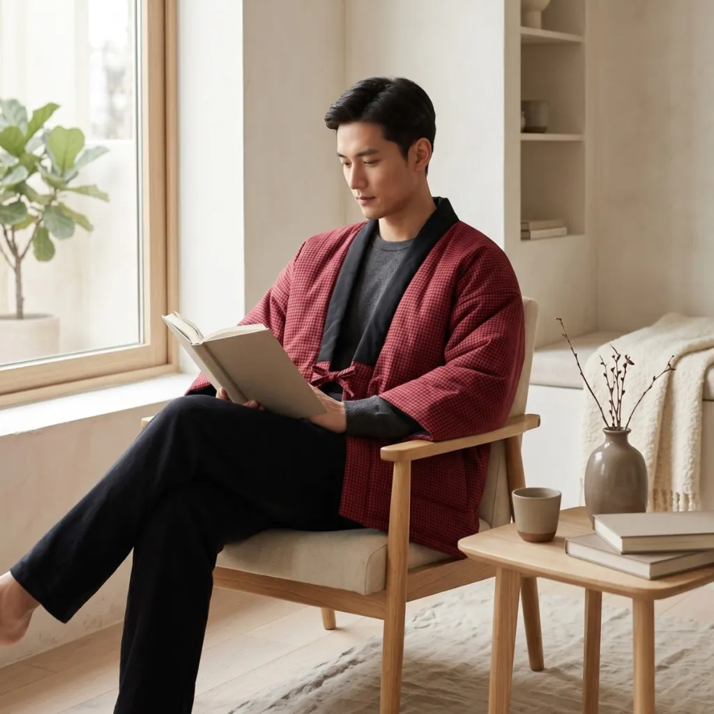 Red Men's Hanten Jacket with Small Check Pattern — flexible, beautiful styling