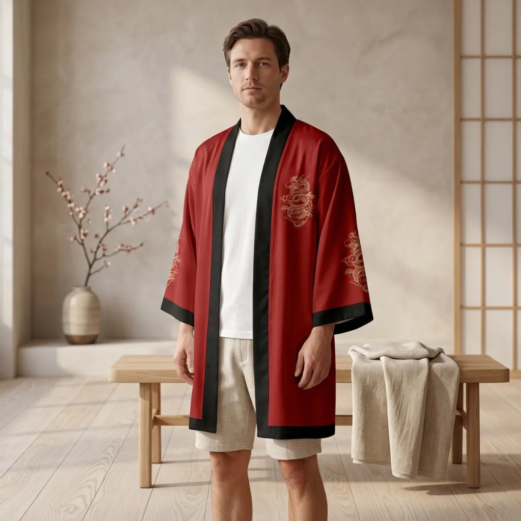 Red Men's Kimono with Dragon Print — a piece designed for serenity