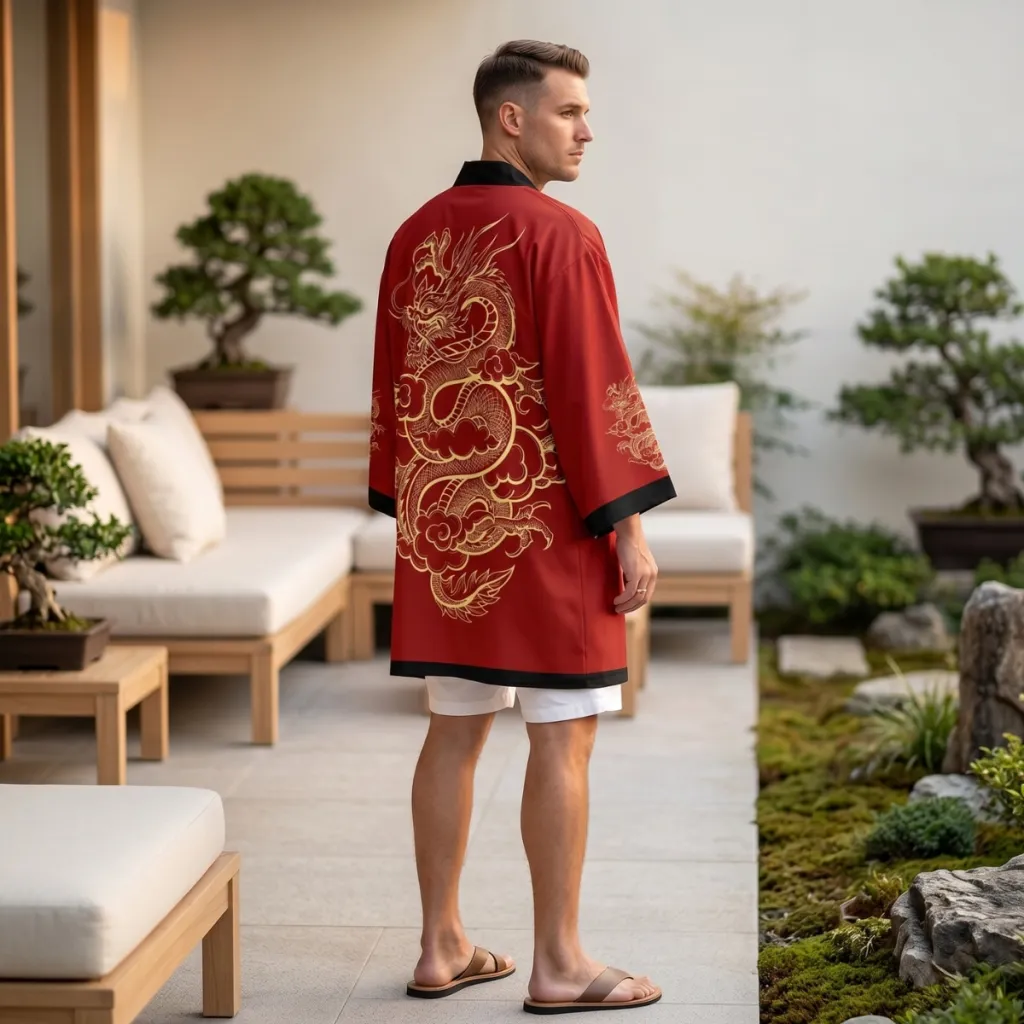 Red Men's Kimono with Dragon Print — flexible, beautiful styling