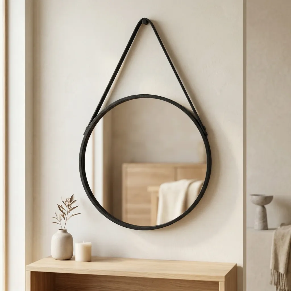 Round Japandi Mirror with Strap