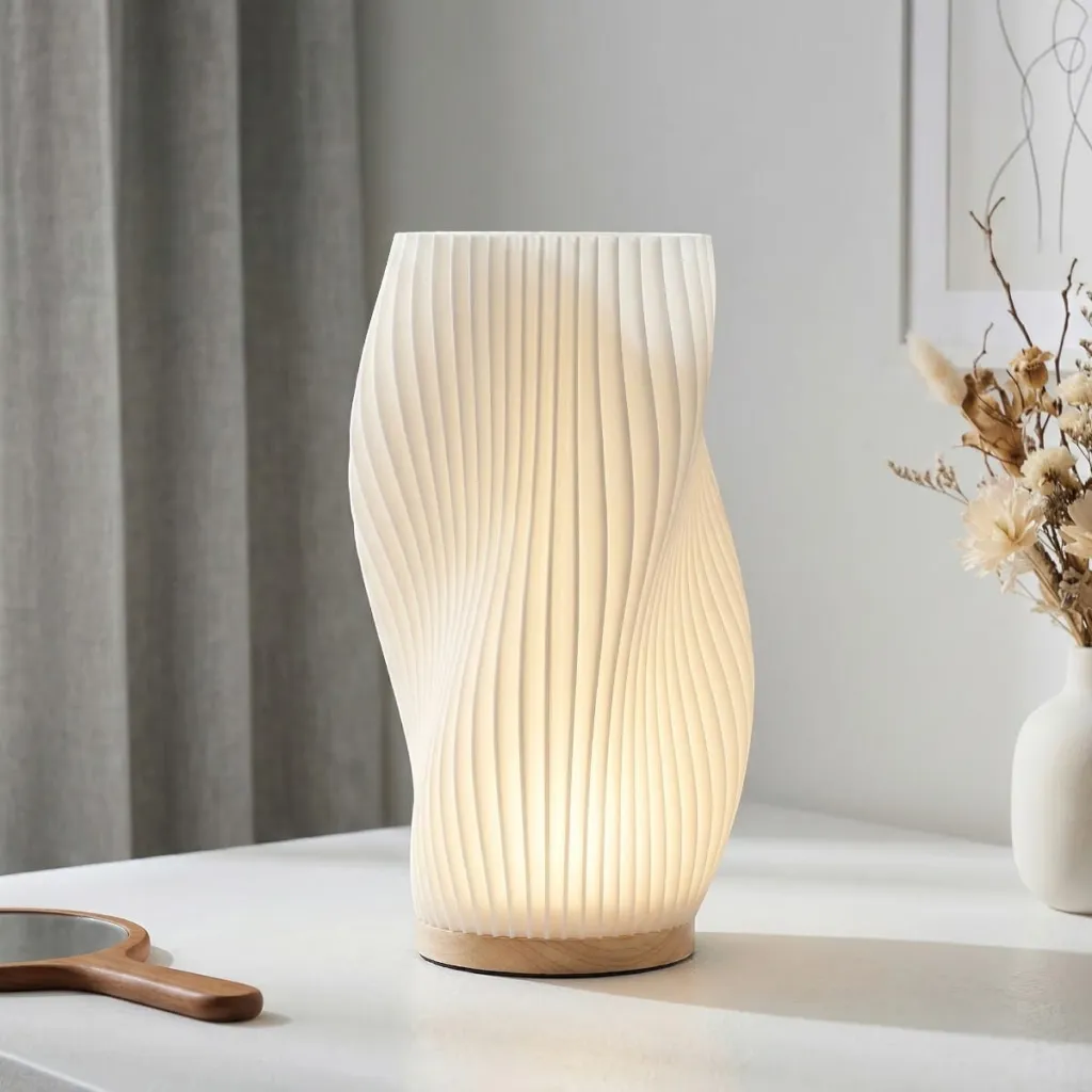 Sculptural Pleated Japandi Table Lamp with Wood Base