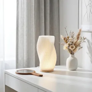 Sculptural Pleated Japandi Table Lamp with Wood Base — view 2