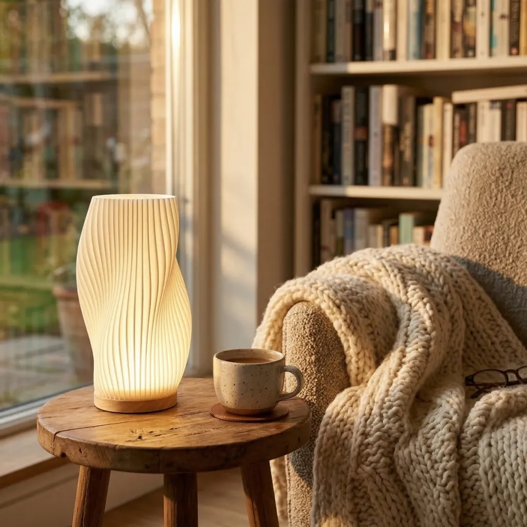 Sculptural Pleated Japandi Table Lamp with Wood Base — where minimalism meets durability