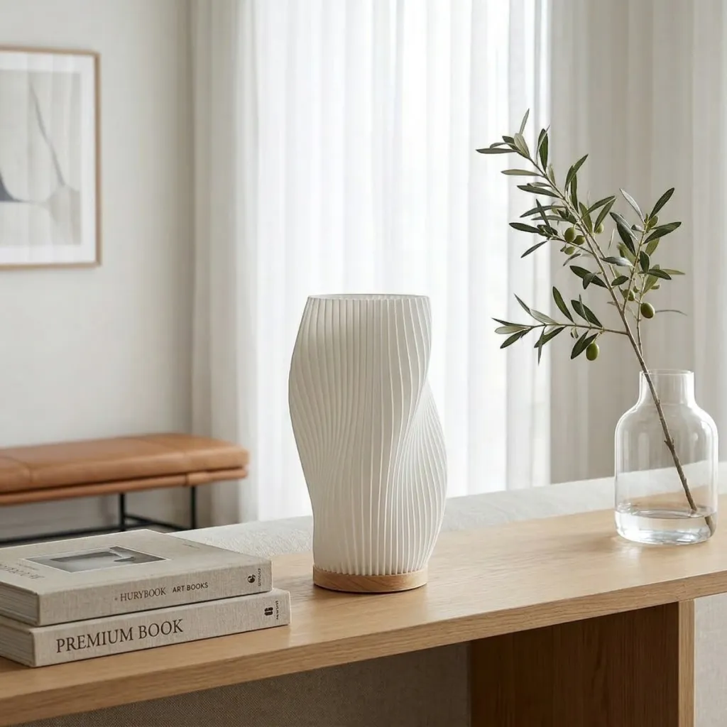 Sculptural Pleated Japandi Table Lamp with Wood Base — flexible, beautiful styling