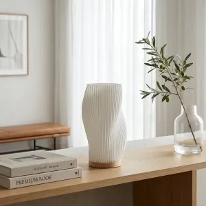 Sculptural Pleated Japandi Table Lamp with Wood Base — view 4