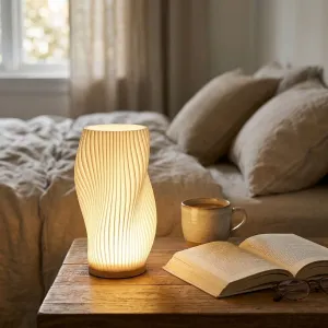 Sculptural Pleated Japandi Table Lamp with Wood Base — view 5