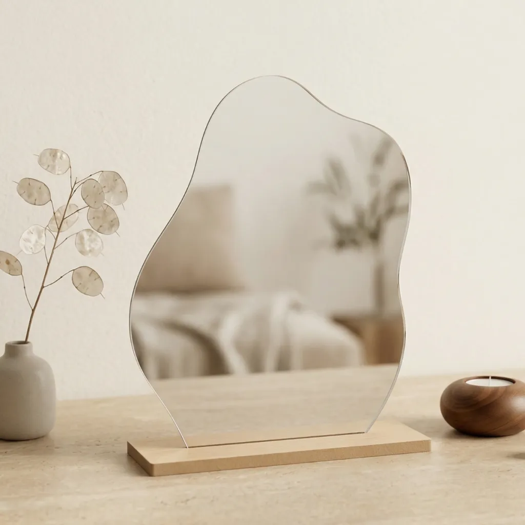 Small Organic Japandi Mirror with Wood Stand