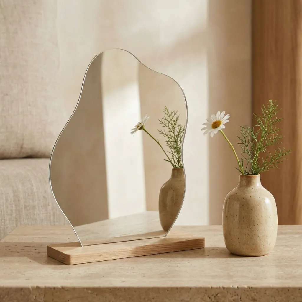 Small Organic Japandi Mirror with Wood Stand — where minimalism meets durability