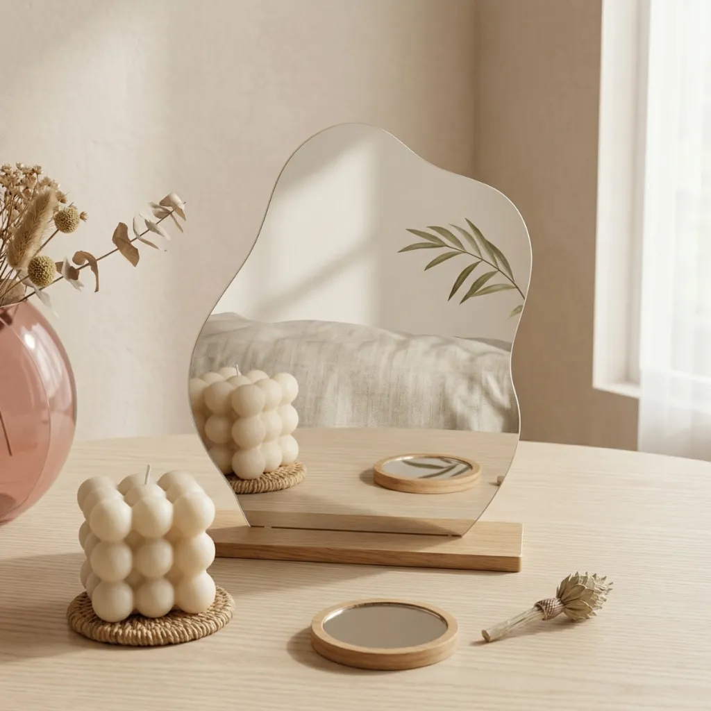 Small Organic Japandi Mirror with Wood Stand — flexible, beautiful styling