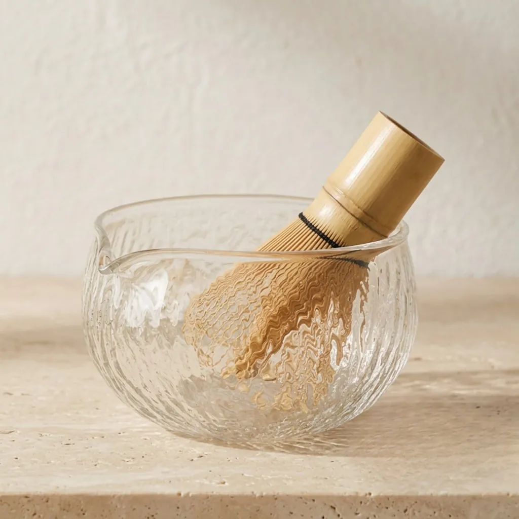 Textured Glass Japanese Matcha Bowl with Bamboo Whisk