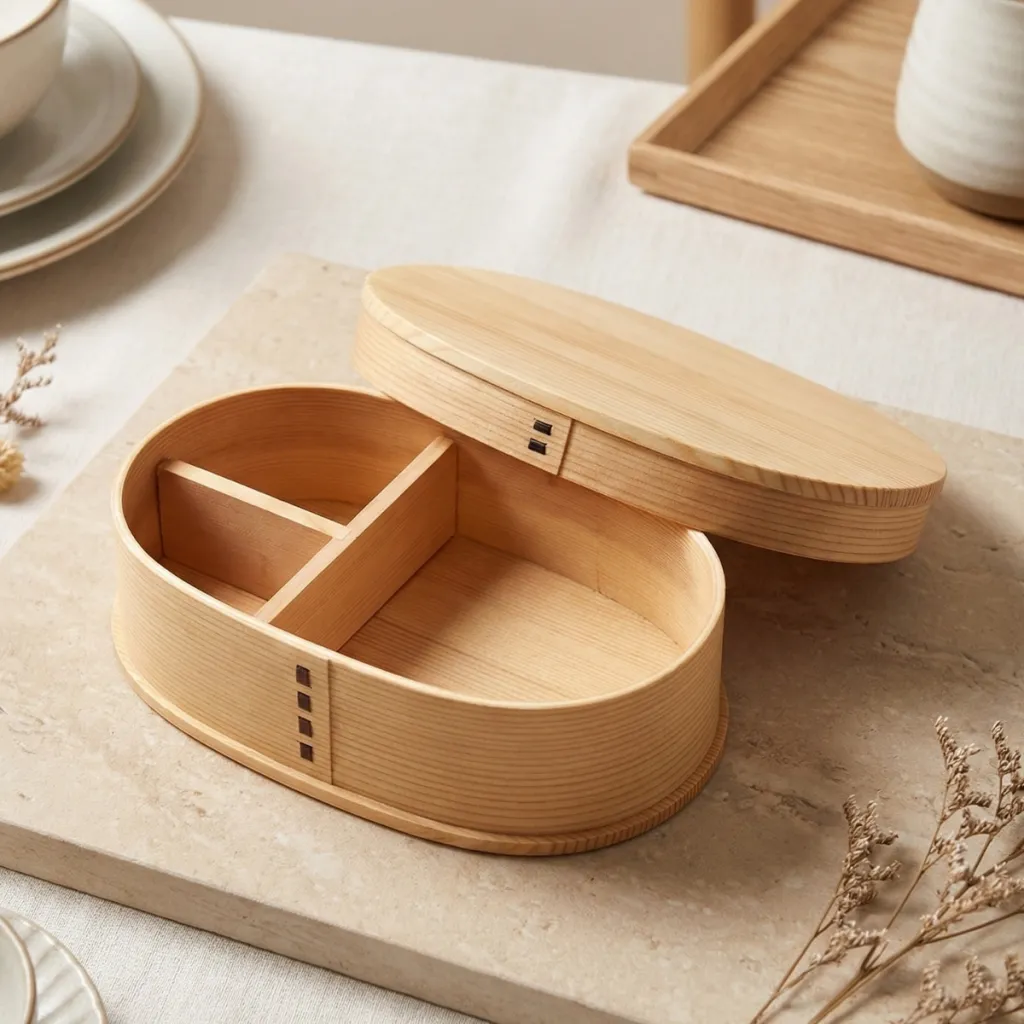 Traditional Japanese Bento Box in Natural Wood