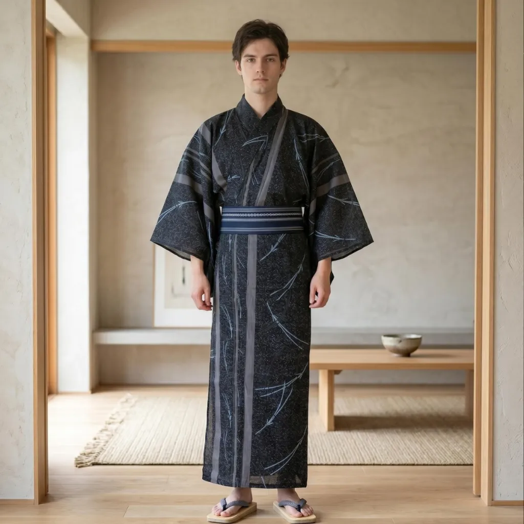 Traditional Men's Kimono with Bamboo Stems and Leaves Print