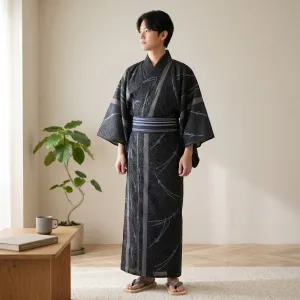 Traditional Men's Kimono with Bamboo Stems and Leaves Print — view 4