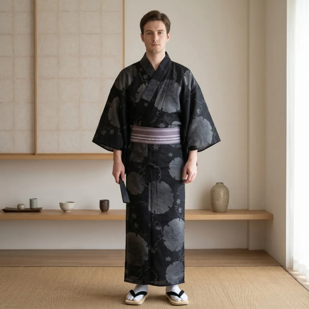 Traditional Men's Kimono with Clouds and Maple Leaves Print