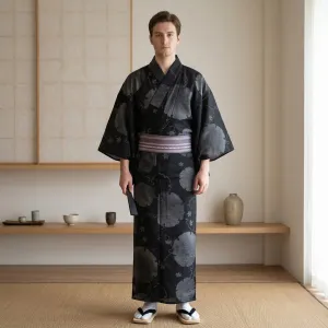 Traditional Men's Kimono with Clouds and Maple Leaves Print — view 1