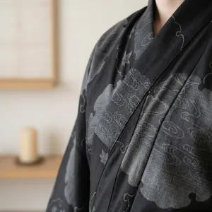 Traditional Men's Kimono with Clouds and Maple Leaves Print — view 3