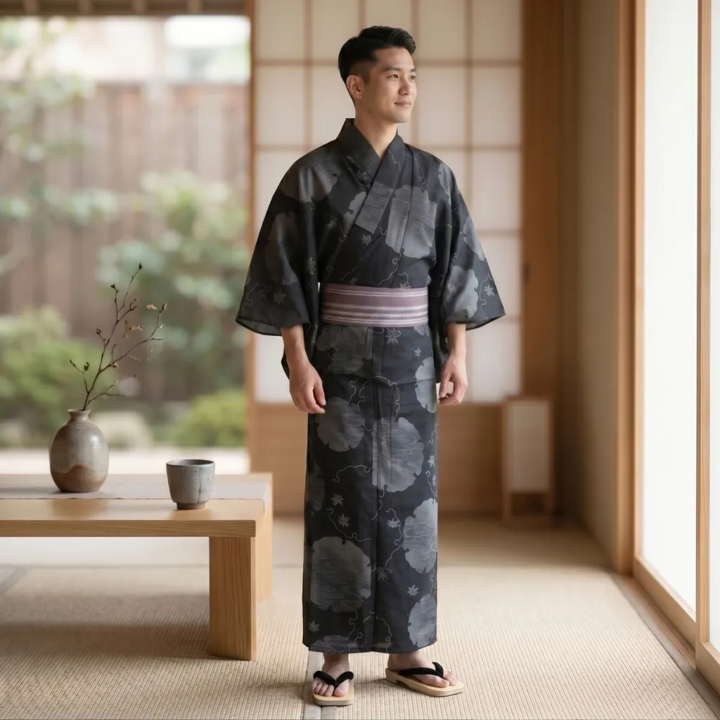 Traditional Men's Kimono with Clouds and Maple Leaves Print — flexible, beautiful styling