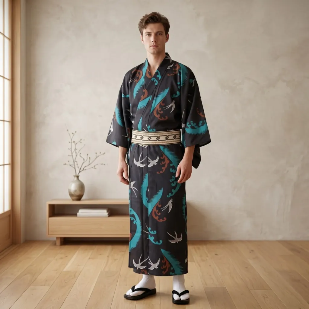 Traditional Men's Kimono with Flying Swallows Print