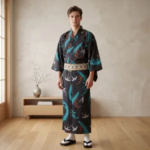 Traditional Men's Kimono with Flying Swallows Print — view 1