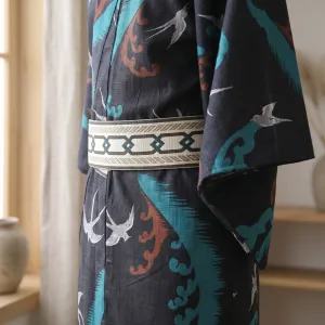 Traditional Men's Kimono with Flying Swallows Print — view 2