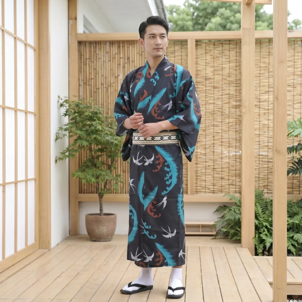 Traditional Men's Kimono with Flying Swallows Print — where minimalism meets durability