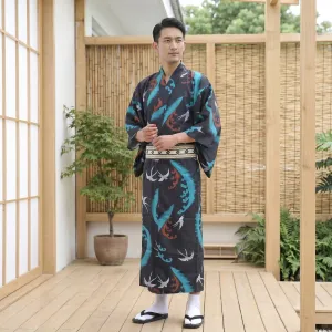 Traditional Men's Kimono with Flying Swallows Print — view 3
